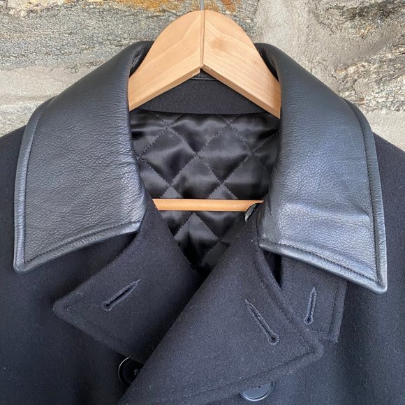 SANDRO Paris Black Leather Trim 100% Wool Pea Coat - Picture 3 of 14